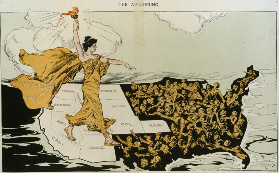 The Awakening, a 1915 suffrage cartoon by Hy Mayer: a torch-bearing woman reaches across a map towards women seeking voting rights